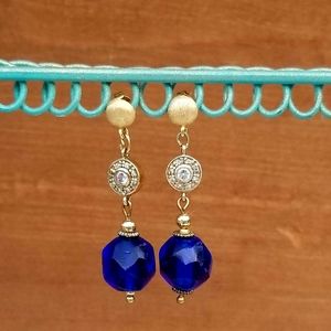 Vintage Cobalt Blue Faceted Glass Drop Earrings